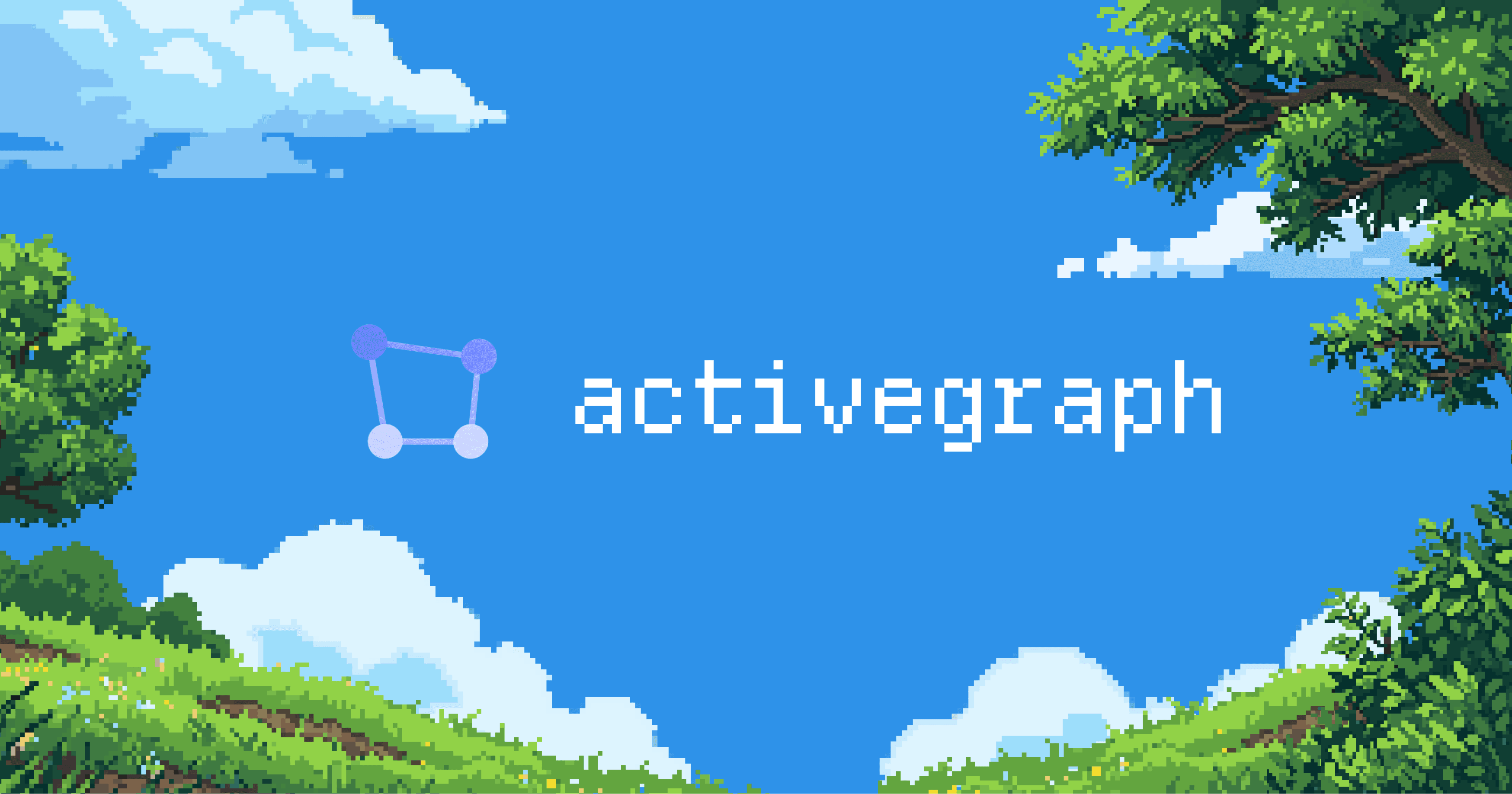 ActiveGraph logo over a pixel-art sky with trees, clouds, and greenery