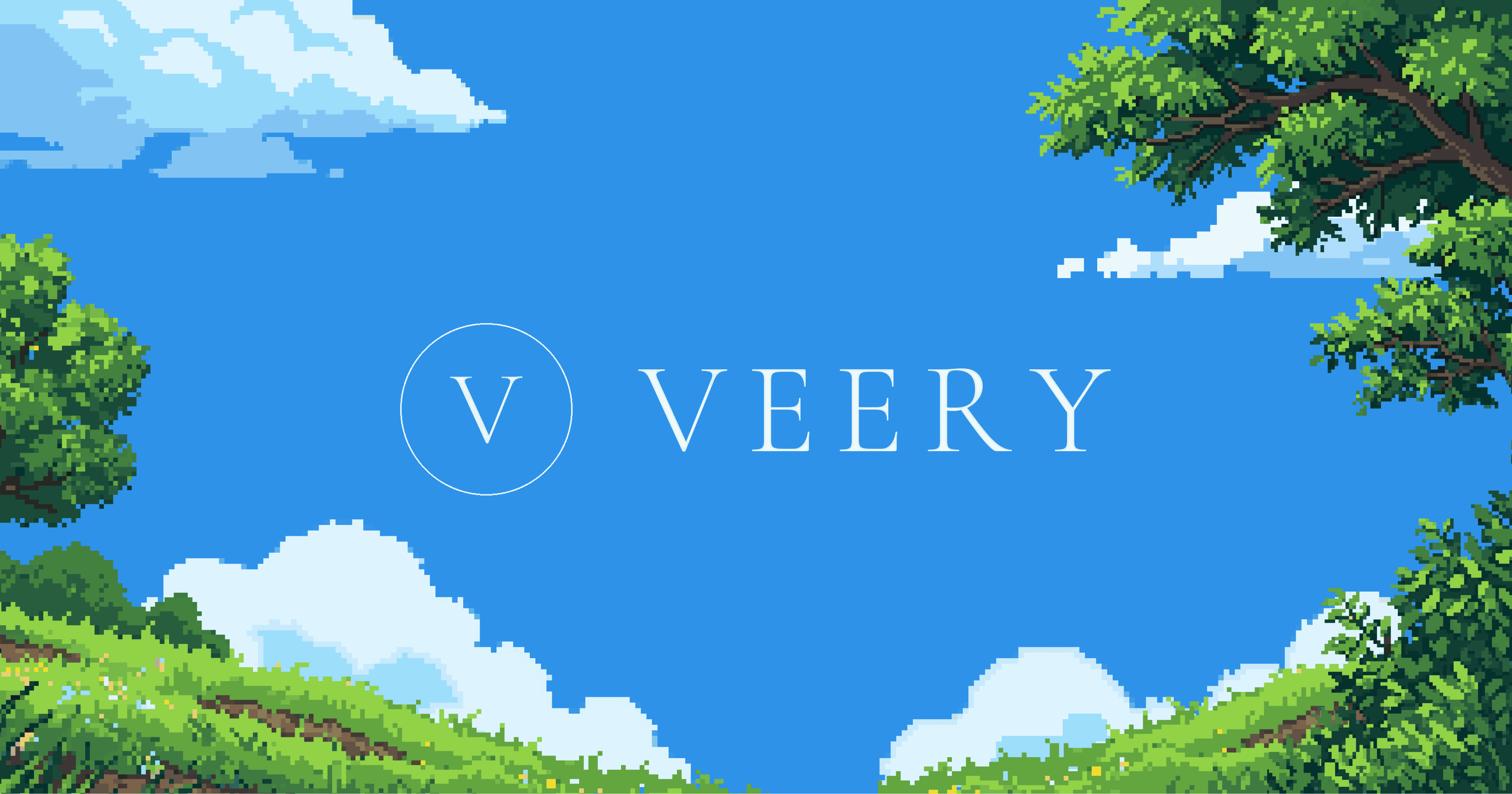 Veery logo over a pixel-art sky with trees and greenery