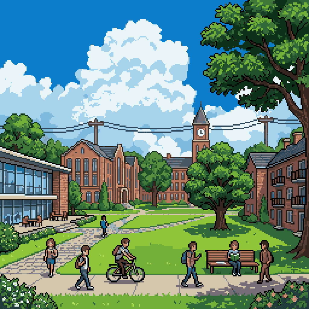 Pixel art university campus with students walking between buildings.